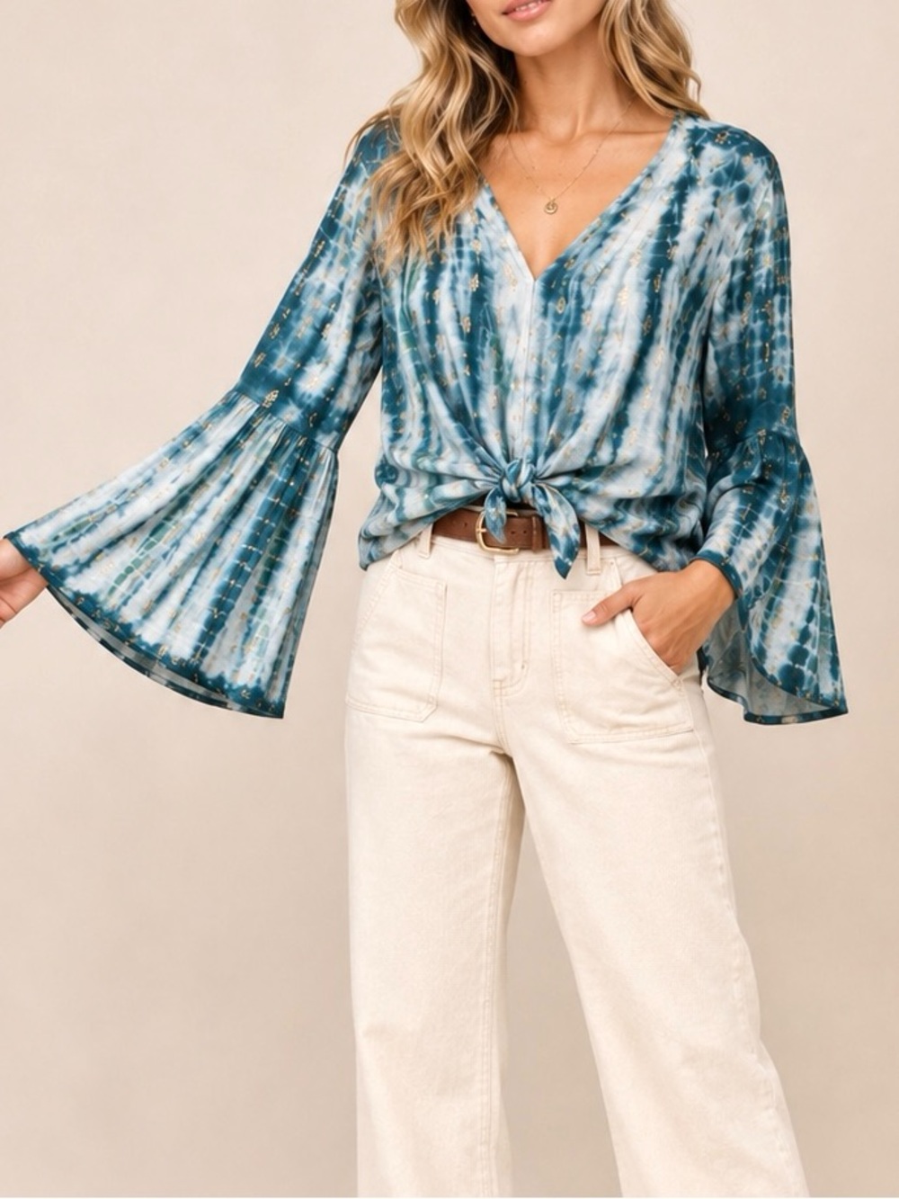 LOVESTITCH Tie-Dye V-Neck Top Bell Sleeve Top